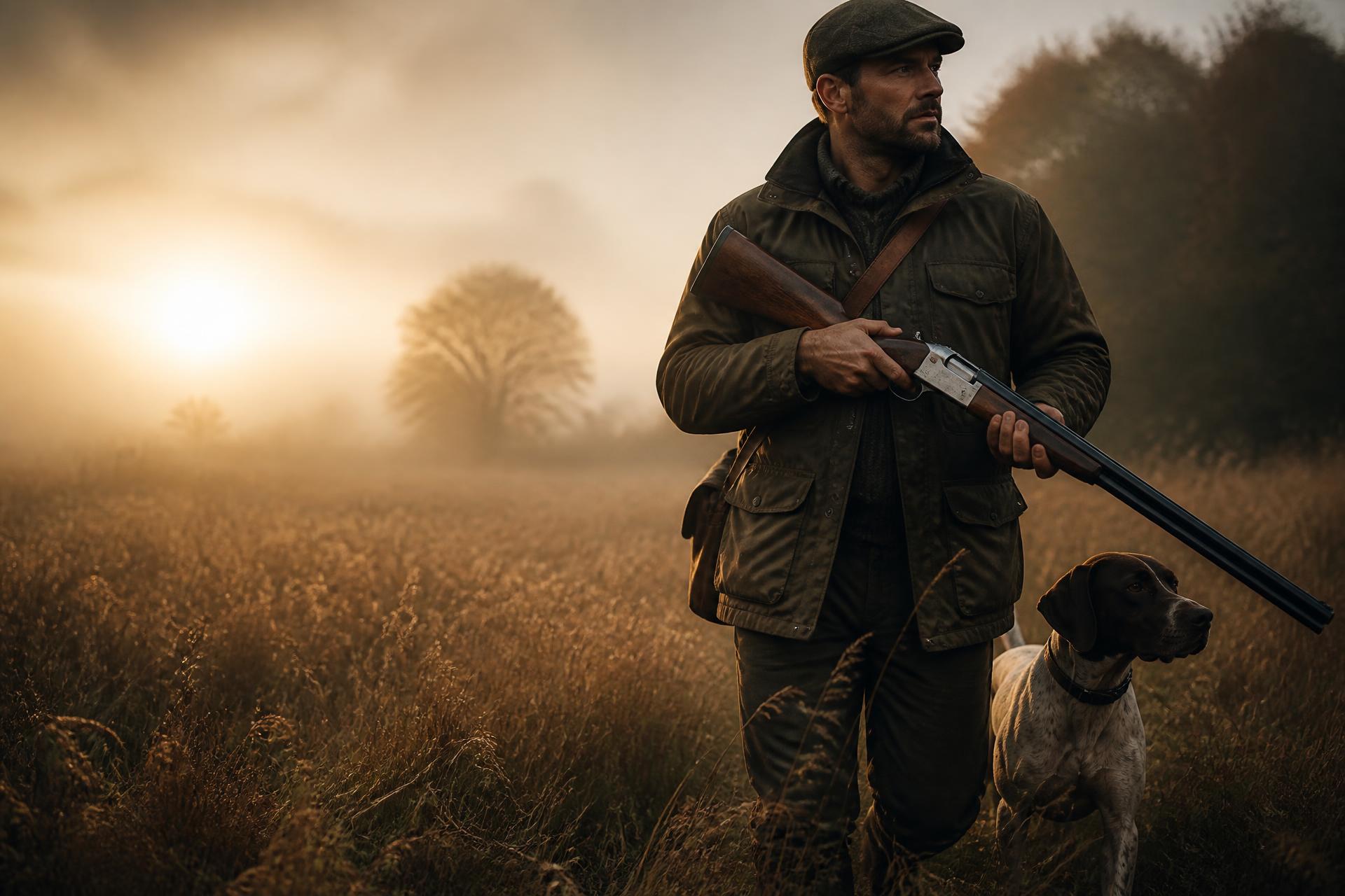 Hunter in waxed jacket at first light with English pointer
