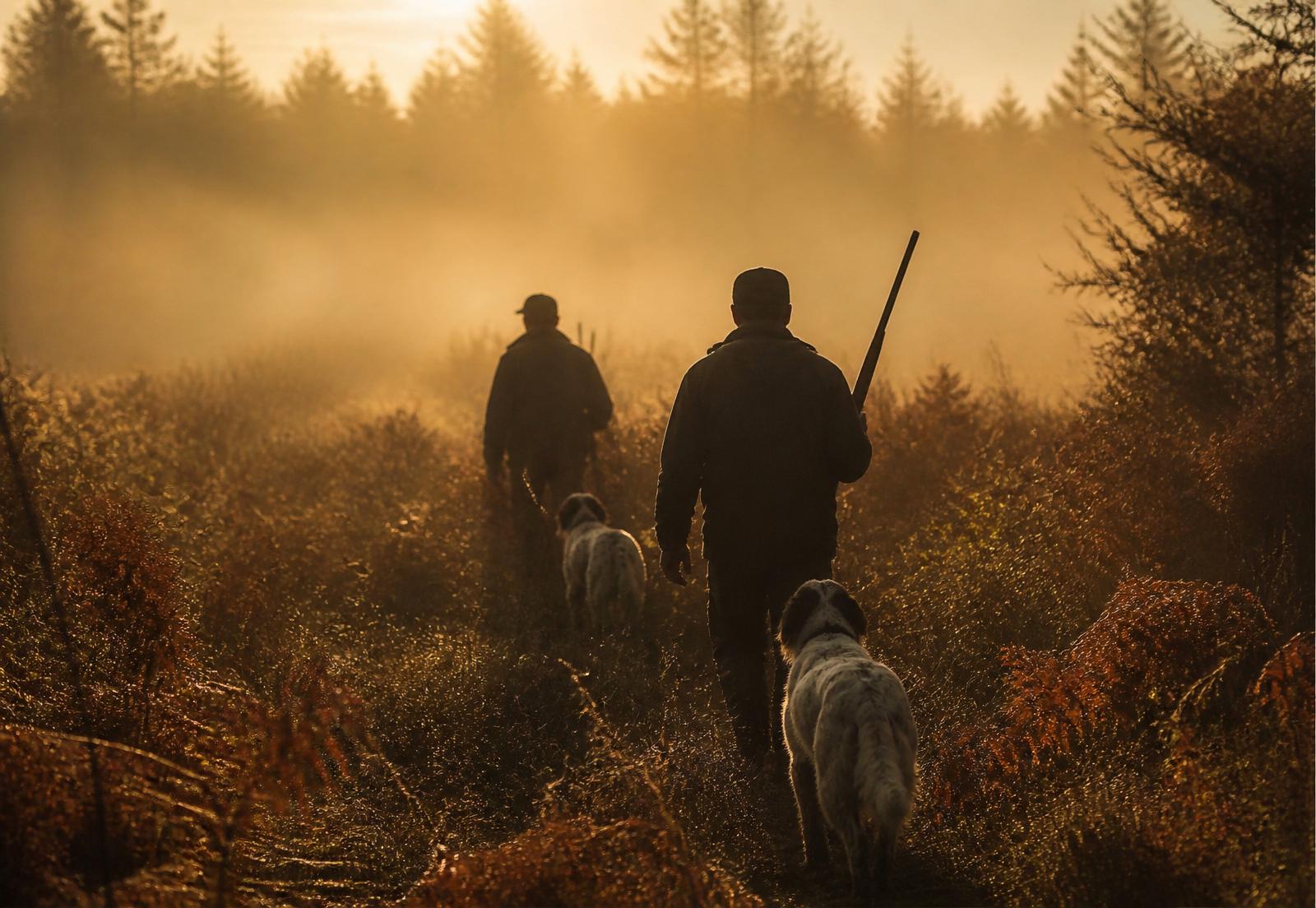 Two hunters and setters walking a misty covert at dawn